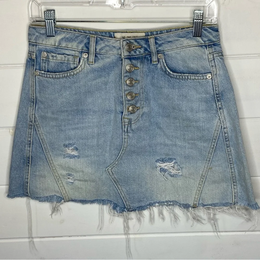 Free People We the Free Jean Mini Skirt XS Button Fly Cotton Distressed Denim